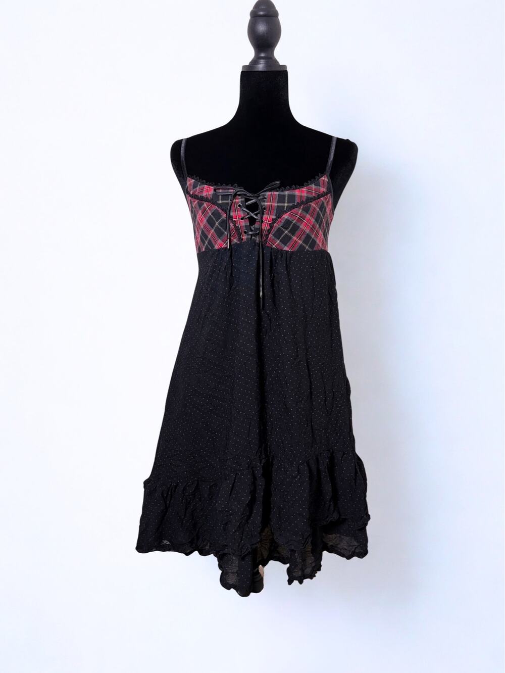 Vtg Y2K Cop Copine Red Tartan Plaid Lace Up Bustier Babydoll Dress Euro Sz S/M